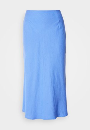 Light blue, long skirt with a smooth texture, flared hem, and simple design. Features a fitted waistband and subtle seam details.