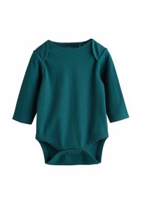 Långärmad babybody i mörkt teal, ribbad textur, tryckknappstängning i botten, rundad halsringning och öppningar från axel till bröst.