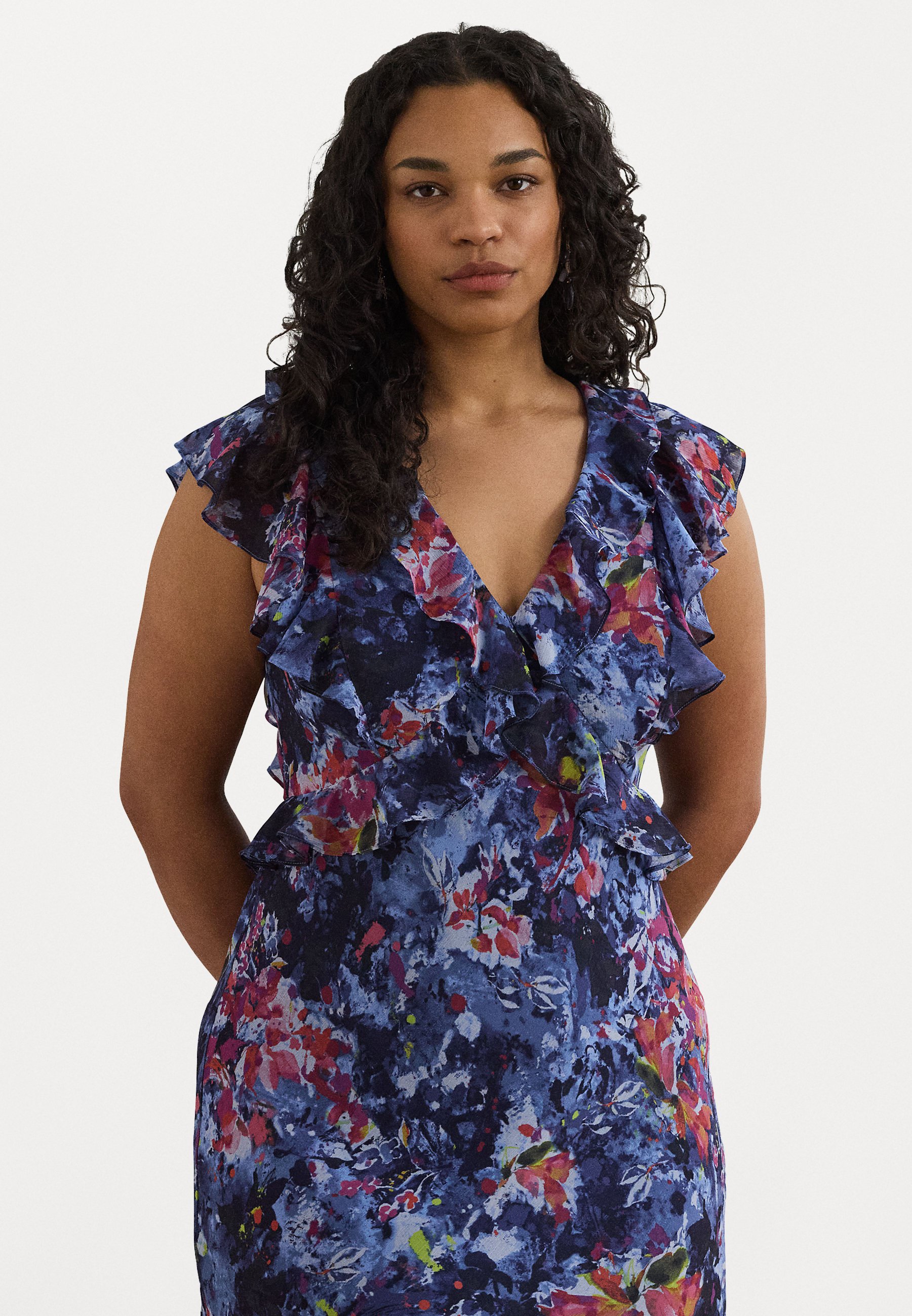 Lauren Ralph Lauren Woman PRINT RUFFLE-TRIM GEORGETTE MIDI DRESS - Day dress  - blue/multi-coloured/blue - Zalando