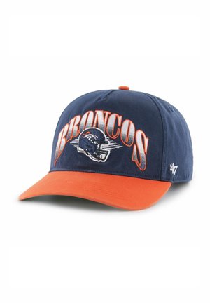 Navy blue cap with an orange visor, featuring stitched "BRONCOS" lettering and a Broncos helmet logo on the front, made from fabric.