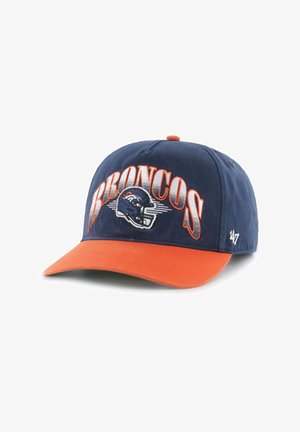 Navy blue cap with an orange visor, featuring stitched "BRONCOS" lettering and a Broncos helmet logo on the front, made from fabric.