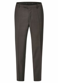Pantalons marron foncé sur mesure, avec un tissu texturé, design ajusté, devant plat et poches latérales. Aucun matériel ou motif visible.