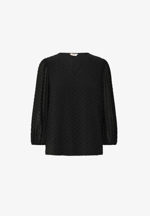 Mustat pusero, jossa on V-pääntie, tekstuurilla varustettuja pilkkuja, 3/4 hihat ja löysä istuvuus. Valmistettu kevyestä, läpikuultavasta kankaasta.