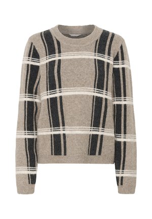 Pull beige avec une texture douce, présentant des motifs rayés noir et blanc. Encolure ronde et manches longues. Coupe décontractée.
