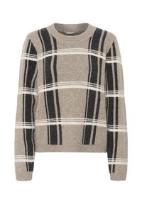 Beige Pullover mit weicher Textur, versehen mit schwarz-weißen Streifen. Rundhalsausschnitt und lange Ärmel. Lässige Passform.