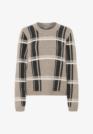 Maglione beige con una texture morbida, caratterizzato da motivi a righe bianche e nere. Collo rotondo e maniche lunghe. Vestibilità casual.