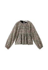 Blusa floreale con maniche lunghe, motivo floreale in rosa e verde. Presenta un collo arricciato e dettagli smock sul petto.