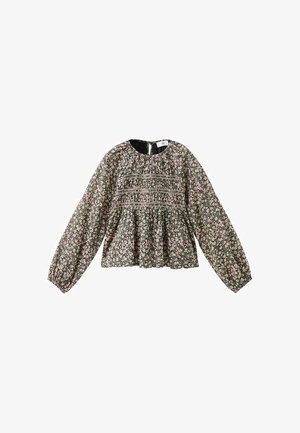 Bluză florală cu mâneci lungi, model floral în nuanțe de roz și verde. Prezintă un guler strâns și detalii smock pe piept.