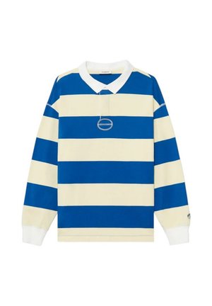 Maglia da rugby a maniche lunghe con ampie strisce orizzontali blu e crema, colletto bianco e polsini bianchi, pattina frontale con un motivo circolare ricamato.