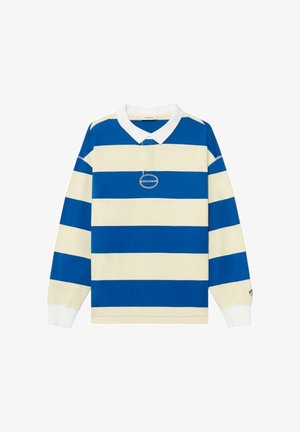 Maglia da rugby a maniche lunghe con ampie strisce orizzontali blu e crema, colletto bianco e polsini bianchi, pattina frontale con un motivo circolare ricamato.