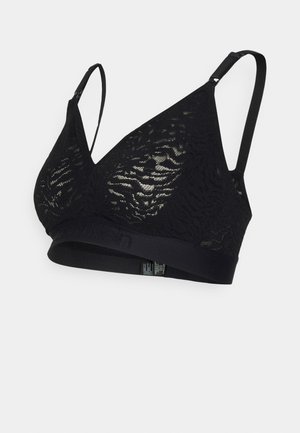 Schwarzer Spitzen-Bralette mit tiefem V-Ausschnitt, verstellbaren Trägern und einem breiten Bündchen mit dem Markennamen, strukturierter Musterung auf dem Stoff.