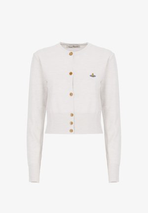 Cardigan bianco tagliato in tessuto a maglia con maniche lunghe, cinque bottoni in legno e un piccolo design ricamato colorato.