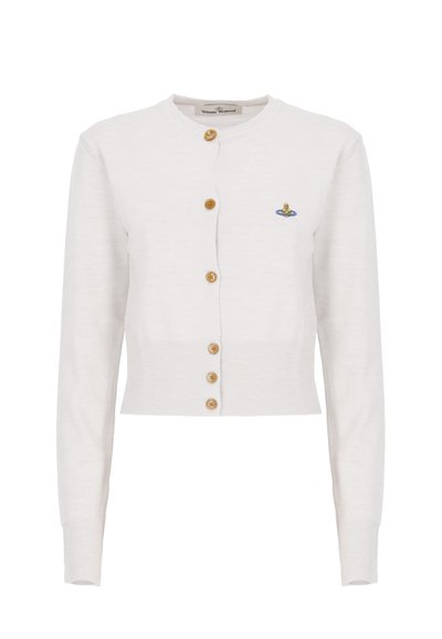 Cardigan bianco tagliato in tessuto a maglia con maniche lunghe, cinque bottoni in legno e un piccolo design ricamato colorato.