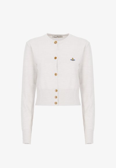 Cardigan bianco tagliato in tessuto a maglia con maniche lunghe, cinque bottoni in legno e un piccolo design ricamato colorato.