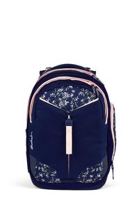 Zaino navy con stampa floreale, diverse tasche con zip, tessuto morbido e dettagli rosa chiaro. Forma rettangolare con spallacci imbottiti.