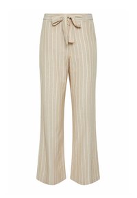Beige wijdvallende broek met witte verticale strepen, gladde textuur, strikband, en uitlopende onderkanten. Gemaakt van een zachte, lichte stof.