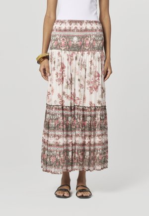 Maxirock aus leichtem Stoff mit floralem Muster in Pink und Grün. Elastischer Bund; gestufter Schnitt mit kontrastierenden, gemusterten Bändern.