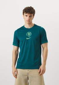 Teal Nike t-shirt with short sleeves, round neckline, and green Nigerian Football Federation logo on chest. Features textured fabric.