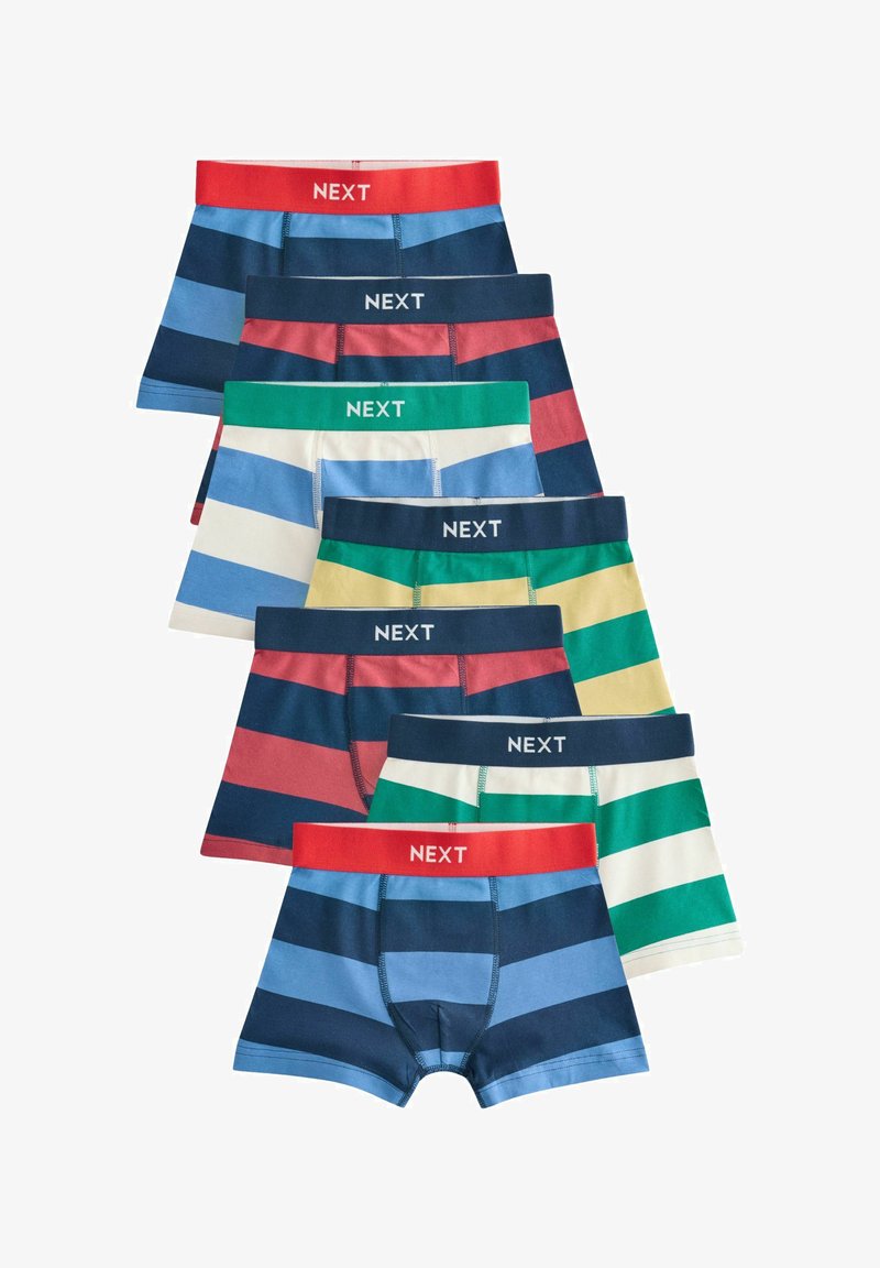 Sept paires de boxers rayés pour garçons avec des ceintures portant le logo "NEXT" dans diverses combinaisons de couleurs, disposées en une disposition verticale superposée.