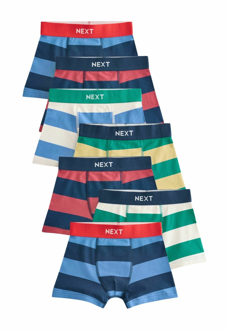 Shorts de boxeur pour garçons, assortis en différentes couleurs, présentant des rayures horizontales audacieuses et des ceintures élastiques contrastantes étiquetées "NEXT".