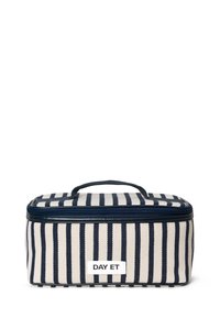 Borsa da stoccaggio in tessuto a righe beige e navy, dotata di manico superiore, chiusura con zip e un'etichetta con "DAY ET" sulla parte anteriore.