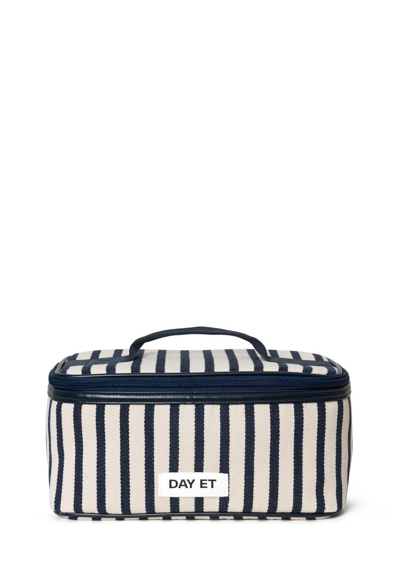 Borsa da stoccaggio in tessuto a righe beige e navy, dotata di manico superiore, chiusura con zip e un'etichetta con "DAY ET" sulla parte anteriore.