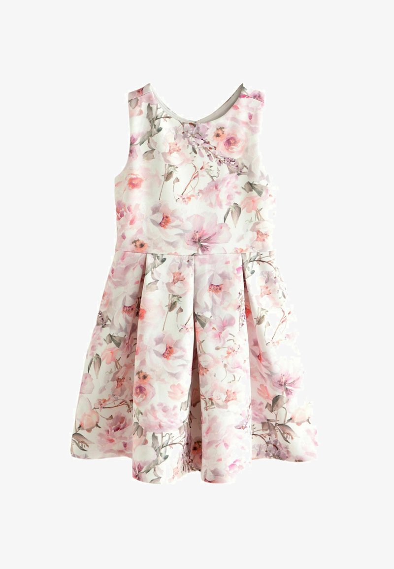 Florale jurk met een aansluitend lijfje en een uitlopende rok, met een roze en witte kleurenschema. Gemaakt van lichtgewicht stof met een gladde textuur.