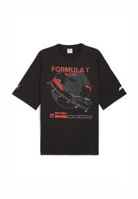 Sort t-shirt med en rød og hvid grafik af en Formel 1 racerbane, mærket med "Formula 1® RACING" og PUMA-logoet.