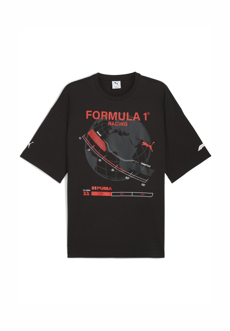 Sort t-shirt med en rød og hvid grafik af en Formel 1 racerbane, mærket med "Formula 1® RACING" og PUMA-logoet.