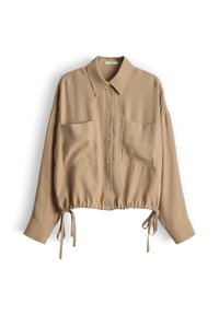 Beige Hemd mit langen Ärmeln, zum Knöpfen, mit zwei Fronttaschen und verstellbaren Kordeln am Saum, ausgestattet mit einem klassischen Kragen.