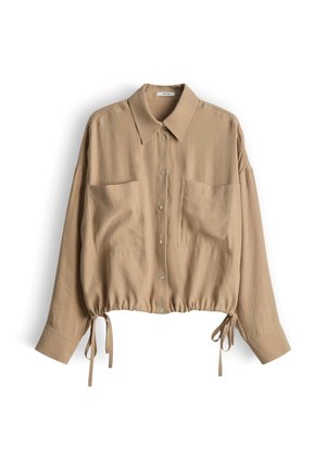 Beige Hemd mit langen Ärmeln, zum Knöpfen, mit zwei Fronttaschen und verstellbaren Kordeln am Saum, ausgestattet mit einem klassischen Kragen.
