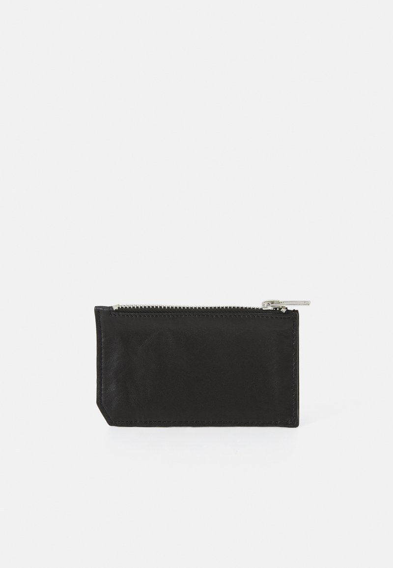 Black leather wallet with a rectangular shape, featuring a zip closure and simple stitching. Smooth texture and minimal design.