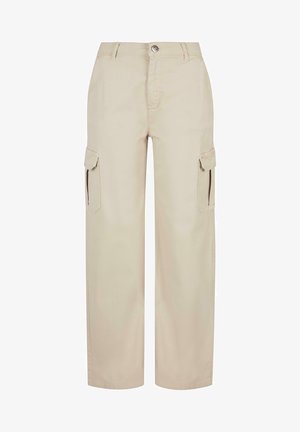 Beige cargo pants with a loose fit, featuring two side pockets, a single back pocket, and a button closure at the waistband.
