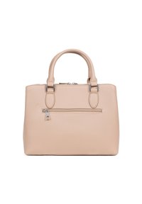 Borsa a mano in pelle beige con una forma strutturata, manici doppi, tasca frontale con zip e hardware in tono argento. La finitura testurizzata migliora la presa.