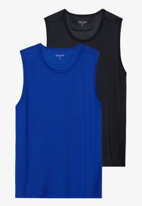Duas camisetas sem mangas: uma azul vibrante e uma preta sólida. Feitas de um tecido macio, com decotes redondos e sem adornos.