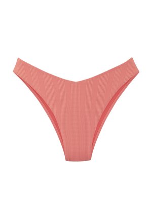 Geripptes, pinkes Bikinitop mit einer V-förmigen Vorderseite und hoch geschnittenen Seiten. Das Material ist elastisch und glatt, entworfen für minimale Bedeckung.