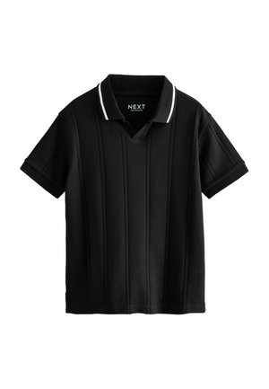 Sort kortærmet poloshirt med hvidtippet krave og lodrette strikkede stribedetaljer, mærket NEXT inde i halsudskæringen.