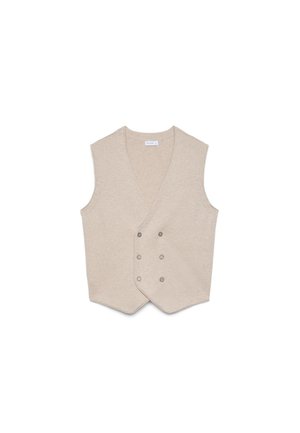 Beige ärmellose Strickweste mit tiefem V-Ausschnitt und sechs kleinen Knöpfen, die vorne in zwei vertikalen Reihen angeordnet sind.