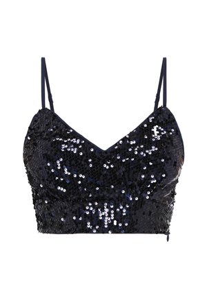 Marineblaues Pailletten-Crop-Top mit verstellbaren Trägern, figurbetontem Schnitt und glatter Textur. Glitzernde Pailletten bedecken die Vorderseite.