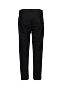 Zwarte broek met een gladde textuur, recht model, twee achterzakken en een knoopsluiting op de tailleband.