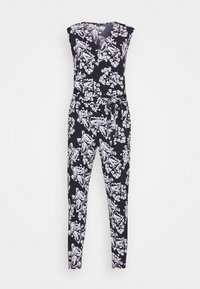 Black sleeveless jumpsuit with white floral pattern, V-neck, and self-tie belt at the waist, straight leg fit.
