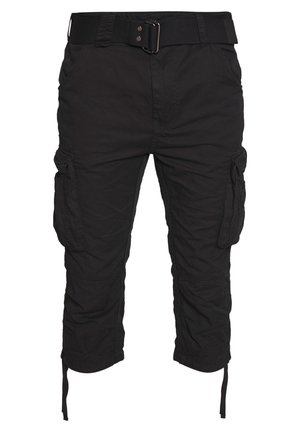 Pantaloni cargo neri con tessuto testurizzato, vita regolabile e molteplici tasche laterali. Lunghezza cropped con dettagli a coulisse all'orlo.