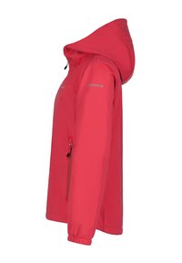 Röd softshell-jacka med huva, med en dragkedjesida ficka, elastiska ärmslut och slät yta. Logotyp tryckt på ärm.