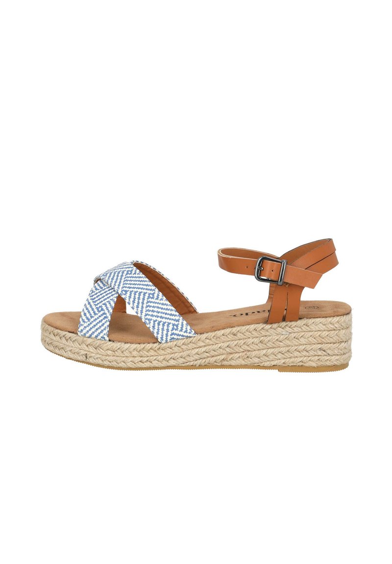Blaue und weiße gemusterte Espadrille-Wedge-Sandale mit braunem Knöchelriemen, aus Jute gewickelter Sohle und strukturiertem Fußbett.