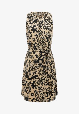 Beżowa sukienka bez rękawów z czarnym abstrakcyjnym kwiatowym nadrukiem, marszczonym dekoltem oraz dopasowanym paskiem z tego samego materiału zawiązanym w talii.
