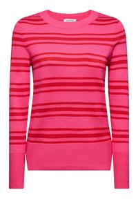 Maglione rosa lavorato a maglia con strisce rosse orizzontali, scollo rotondo e maniche lunghe; texture morbida con polsini e orlo a coste.