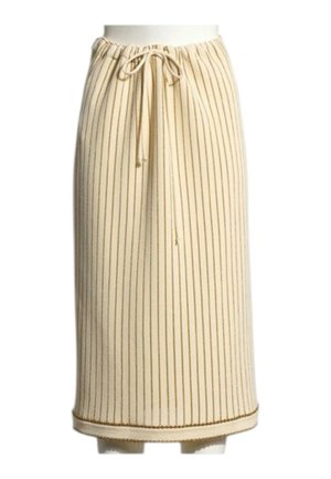 Beige midi-rok met verticale dunne bruine strepen, elastische taille en trekkoord aan de voorkant.