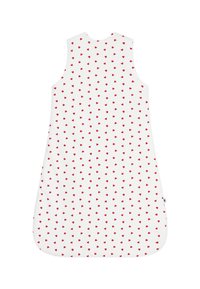 Slaapzak gemaakt van zachte stof, met een witte achtergrond en een herhalend patroon van rode harten. Mouwloos ontwerp met ronde randen.