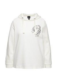Felpa bianca realizzata in tessuto morbido con maniche lunghe. Presenta un cappuccio con cordino e un'illustrazione di un volto in linea nera sul petto.