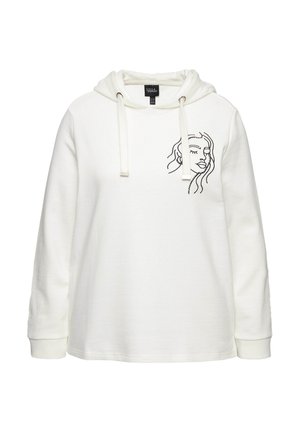 Bílá mikina s kapucí vyrobená z měkké látky s dlouhými rukávy. Obsahuje stahovací kapuci a černobílou ilustraci obličeje na hrudi.